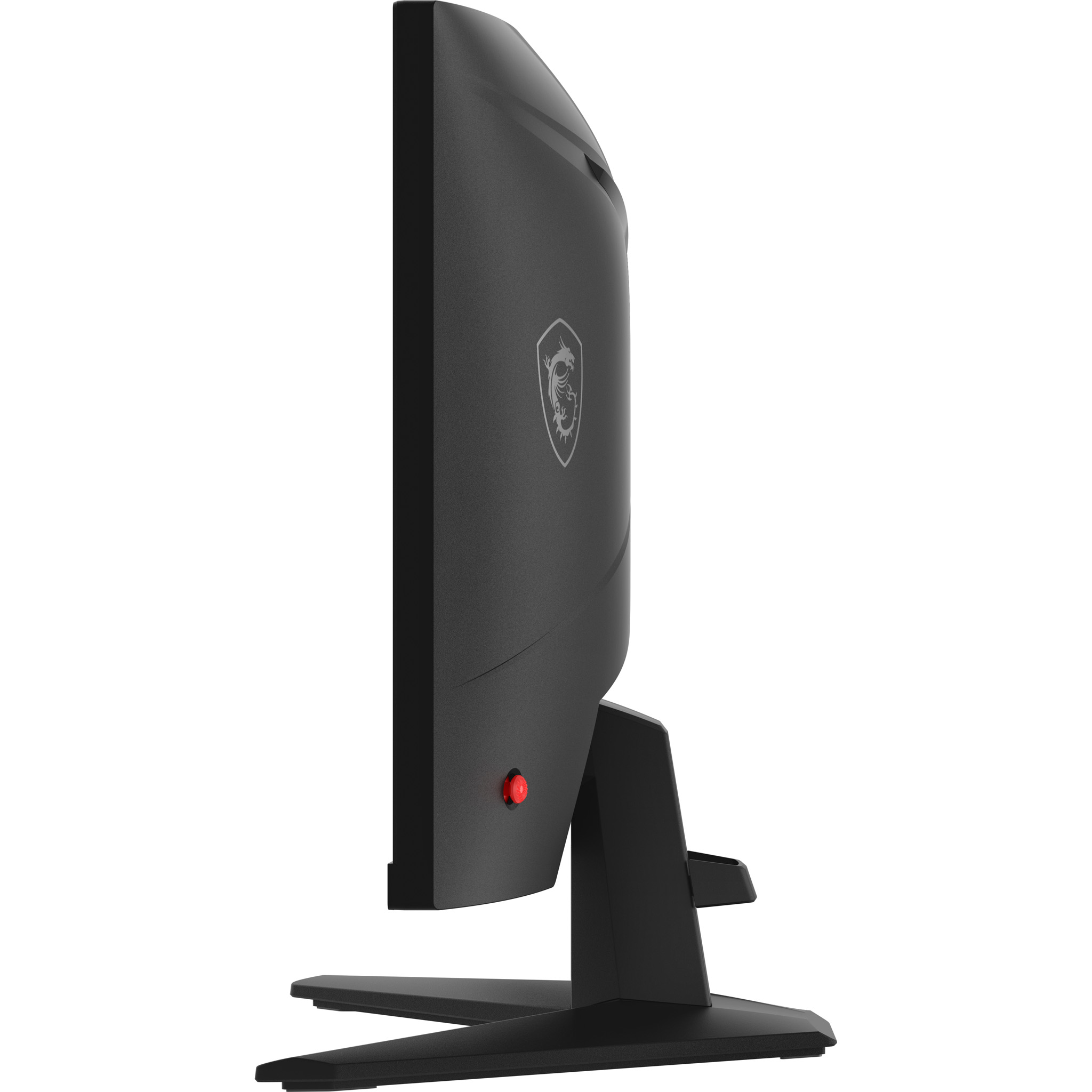 Schwarzer MSI Gaming Monitor mit Drachenlogo und rotem Knopf. Seitenansicht.