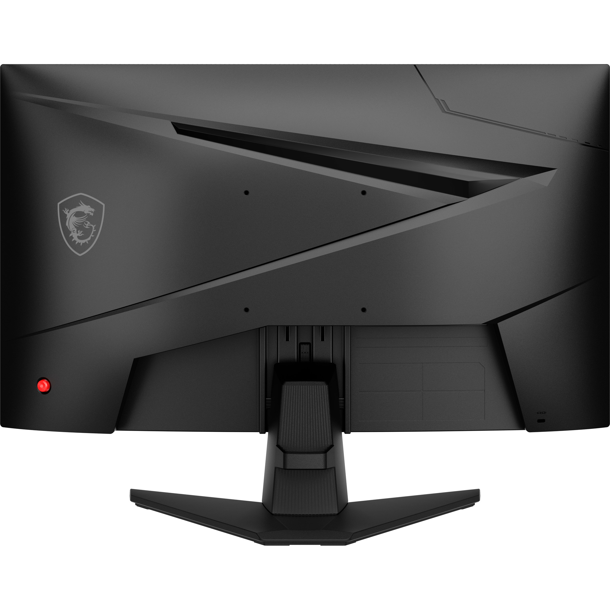 Rückseite eines schwarzen Monitors mit MSI-Logo und rotem Knopf.