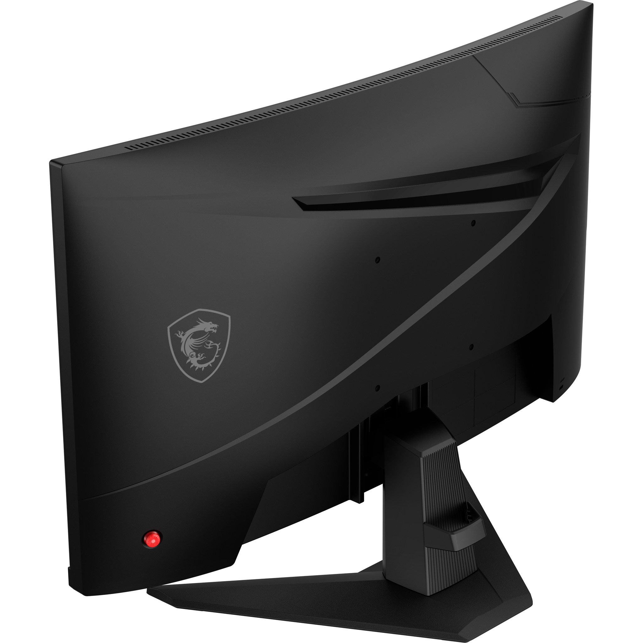 Schwarzer Monitor mit MSI-Logo und rotem Knopf im Hintergrund.