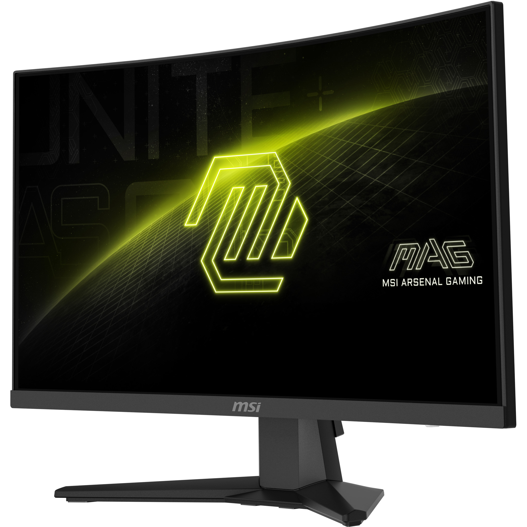 Ein gebogener MSI Gaming-Monitor mit gelbem Logo und "MAG MSI ARSENAL GAMING".
