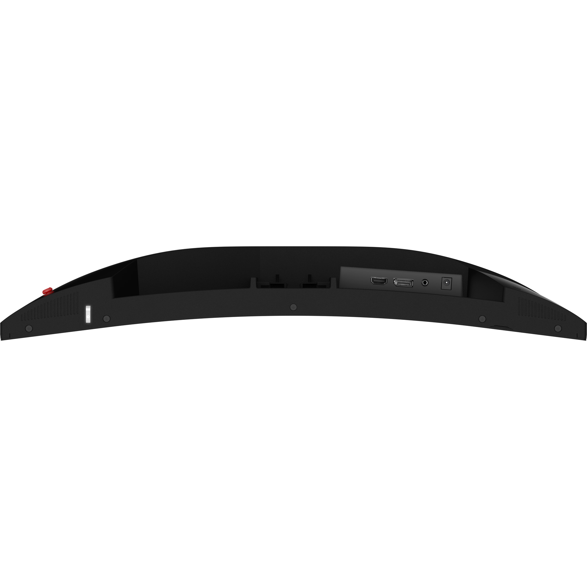 Schwarzer Monitor mit Anschlüssen: HDMI, USB, Netzteil.