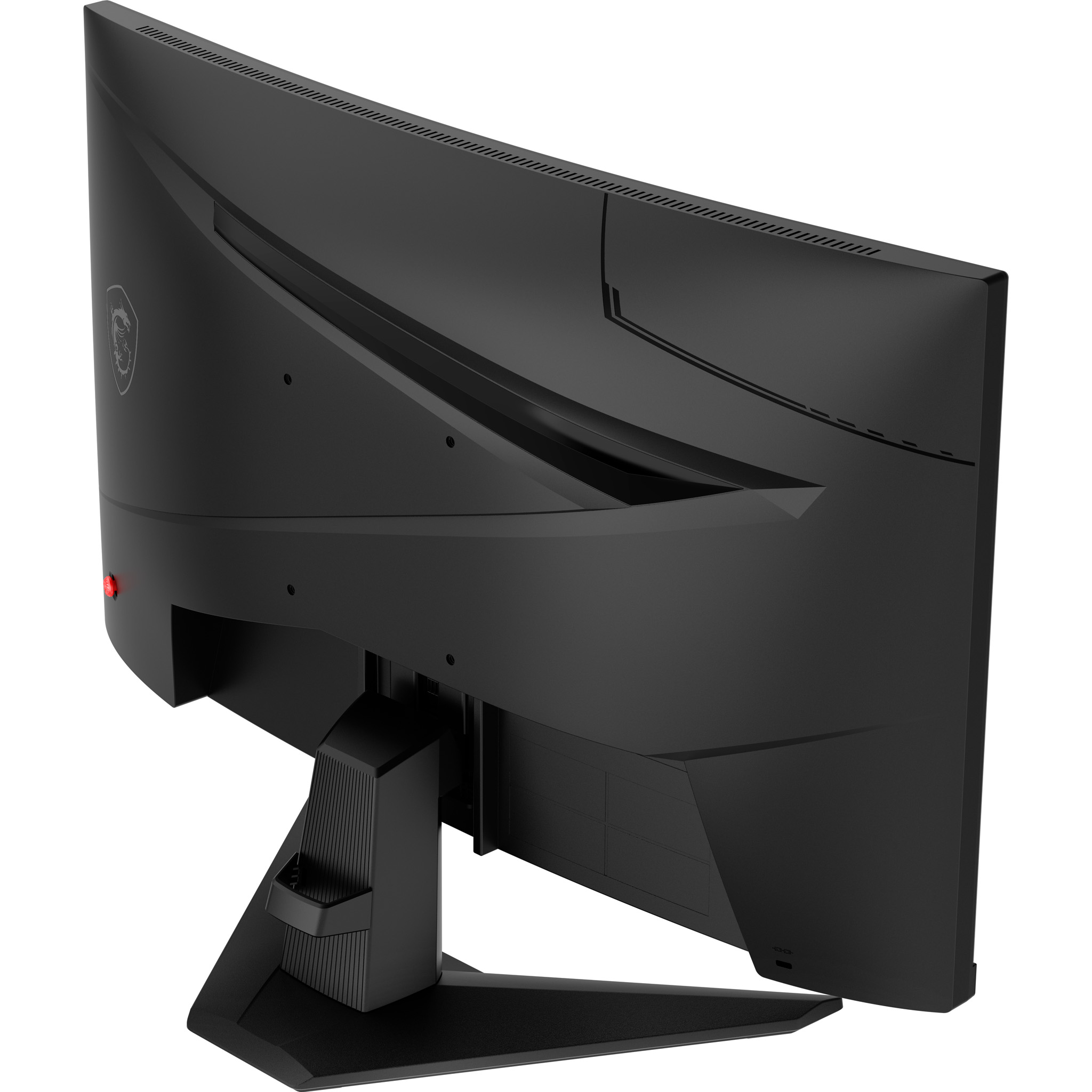Schwarzer Gaming-Monitor mit MSI-Logo und rotem Knopf. Sichtbar ist die Rückseite.