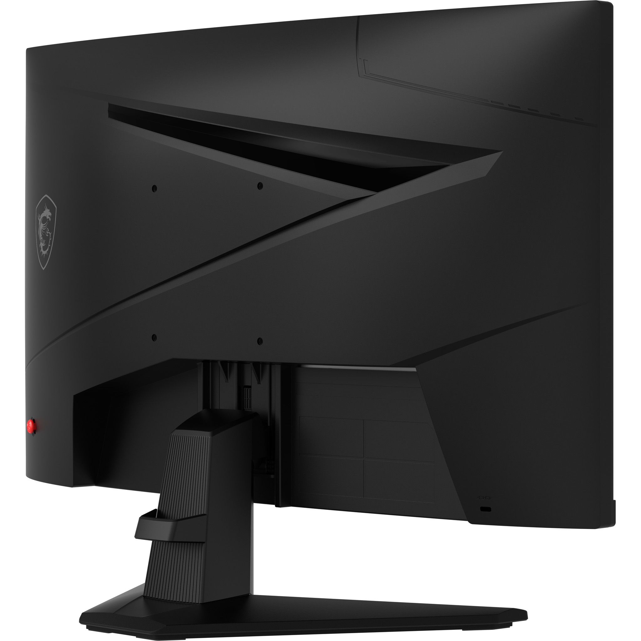 Rückansicht eines schwarzen MSI-Monitors mit rotem Netzschalter und Ständer.