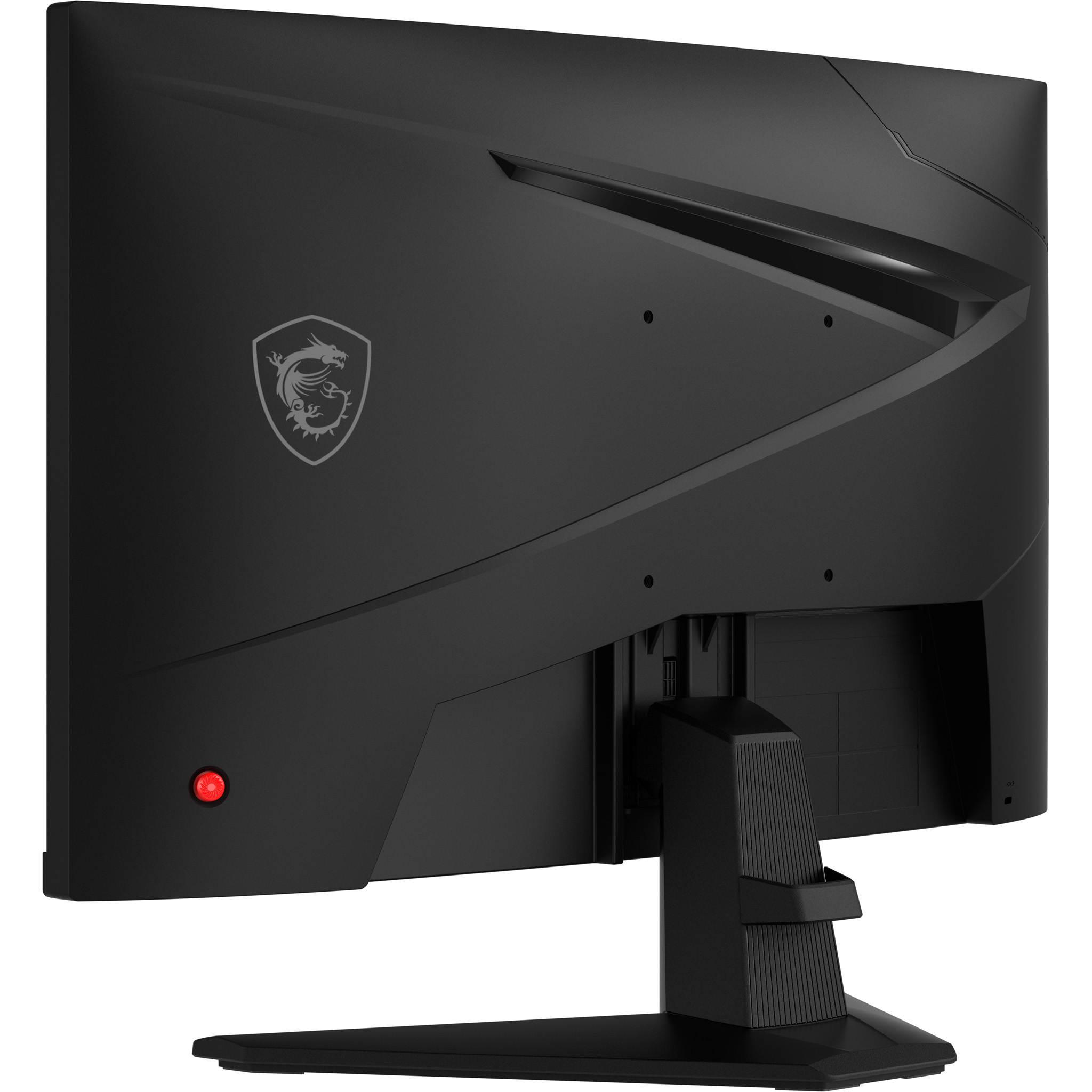 Rückseite eines schwarzen Monitors mit MSI-Logo und rotem Knopf.