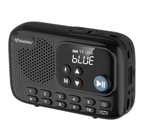 Fekete hordozható Bluetooth hangszóró digitális kijelzővel és billentyűzettel.
