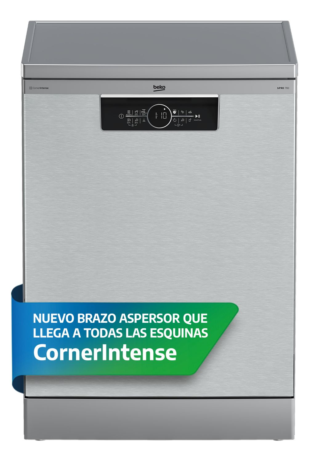 Un lavavajillas Beko plateado con pantalla digital y texto superpuesto.