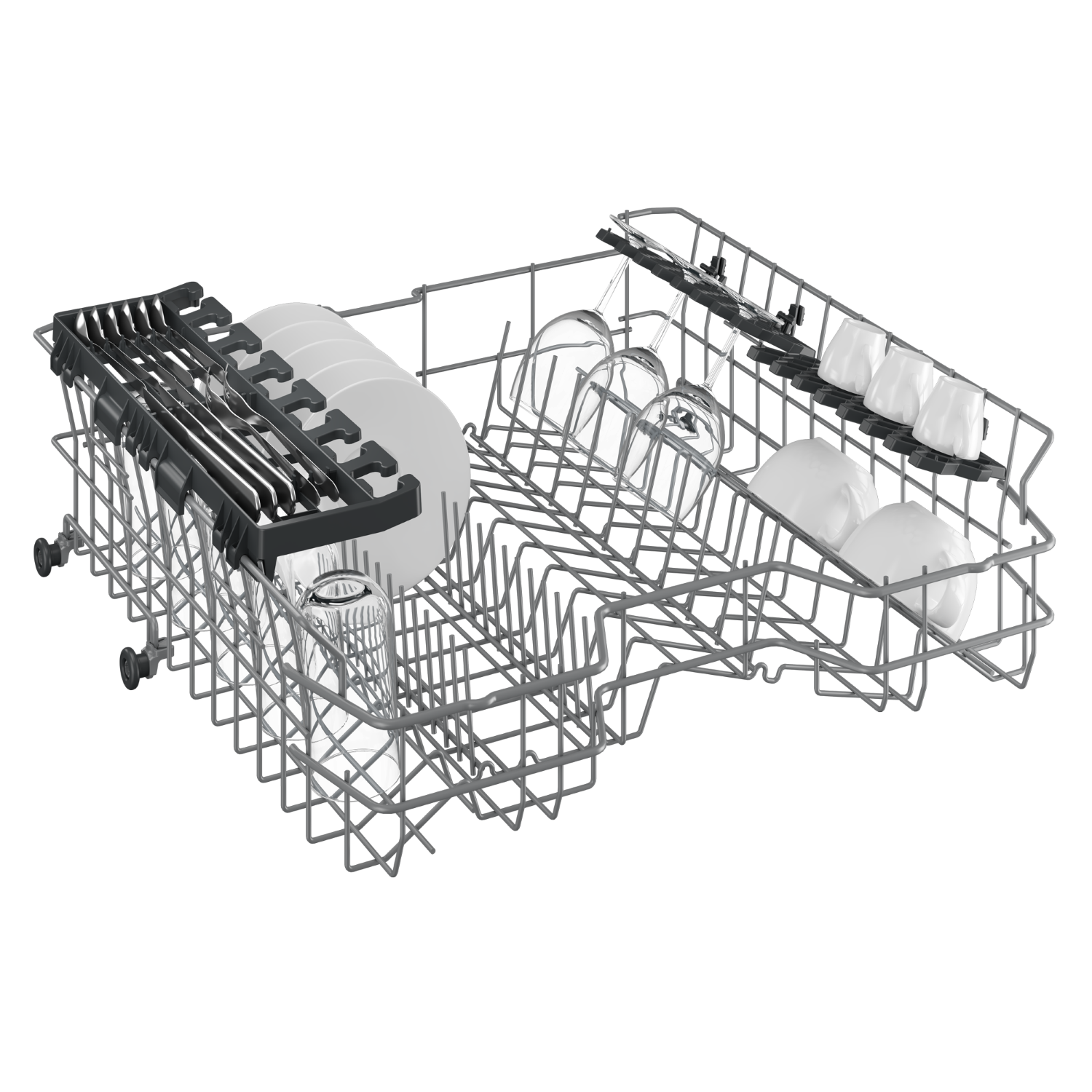 Cesta de lavavajillas con platos, vasos y cubiertos. Limpia y organizada.