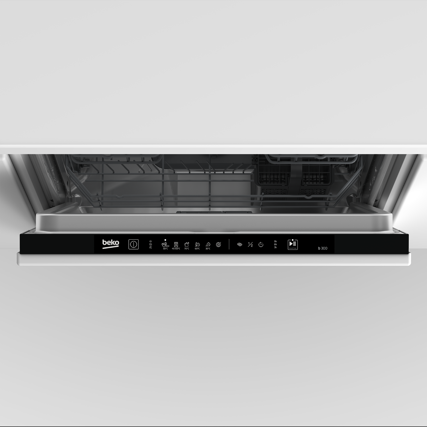 Puerta de lavavajillas abierta con panel de control y logo Beko.