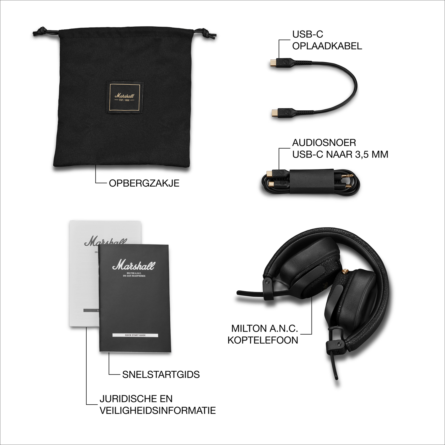 Marshall koptelefoon set met laadkabel, audiokabel en opbergzakje.