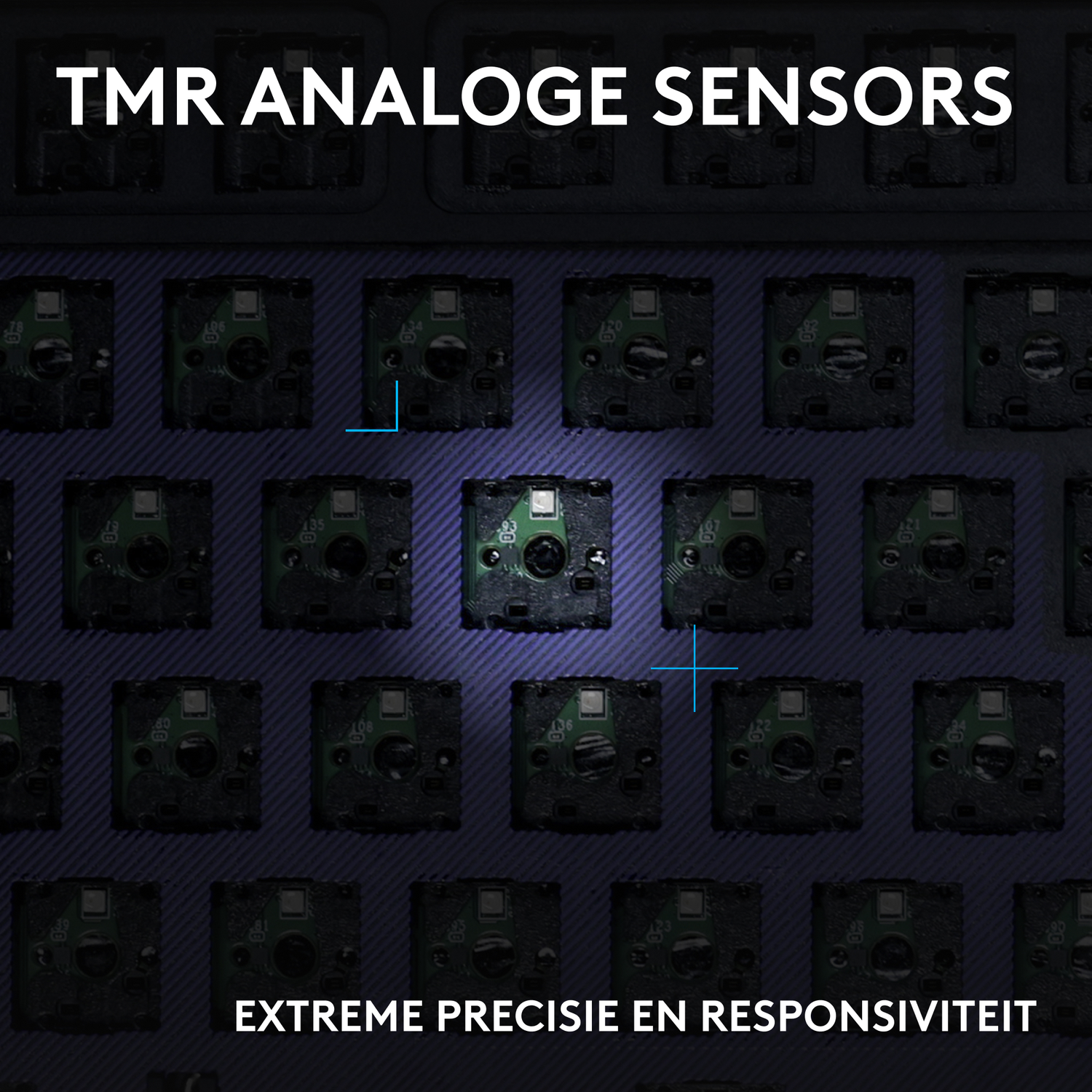 TMR analoge sensoren op een donker, gestreept oppervlak, met tekst.