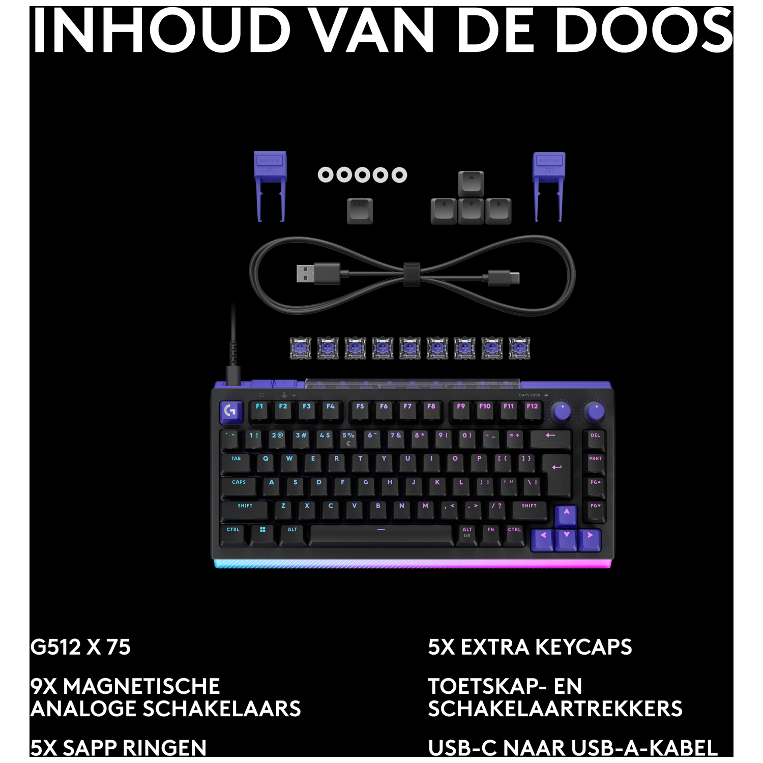 Inhoud van een toetsenborddoos: toetsenbord, kabel, schakelaars en keycaps.