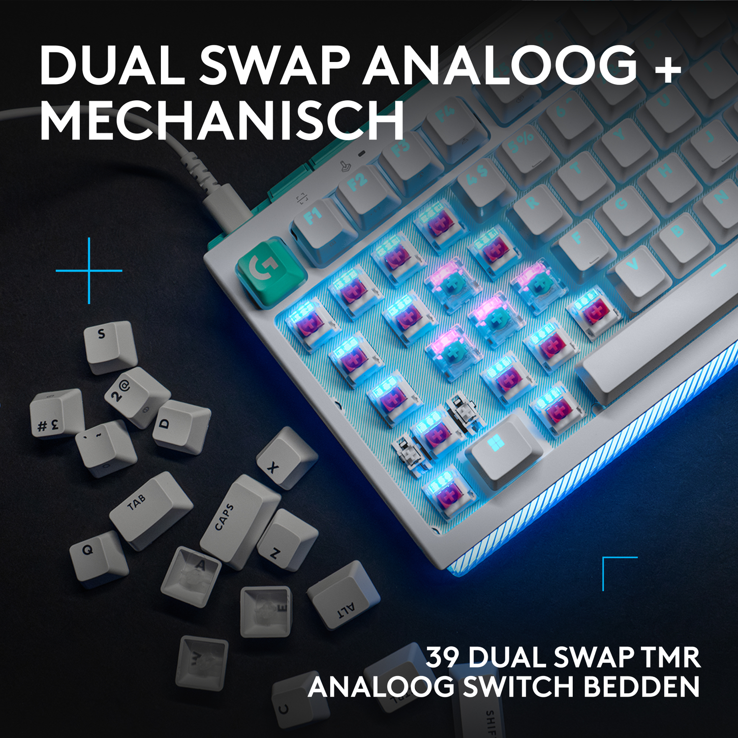 Close-up of a keyboard with illuminated switches and loose keys.