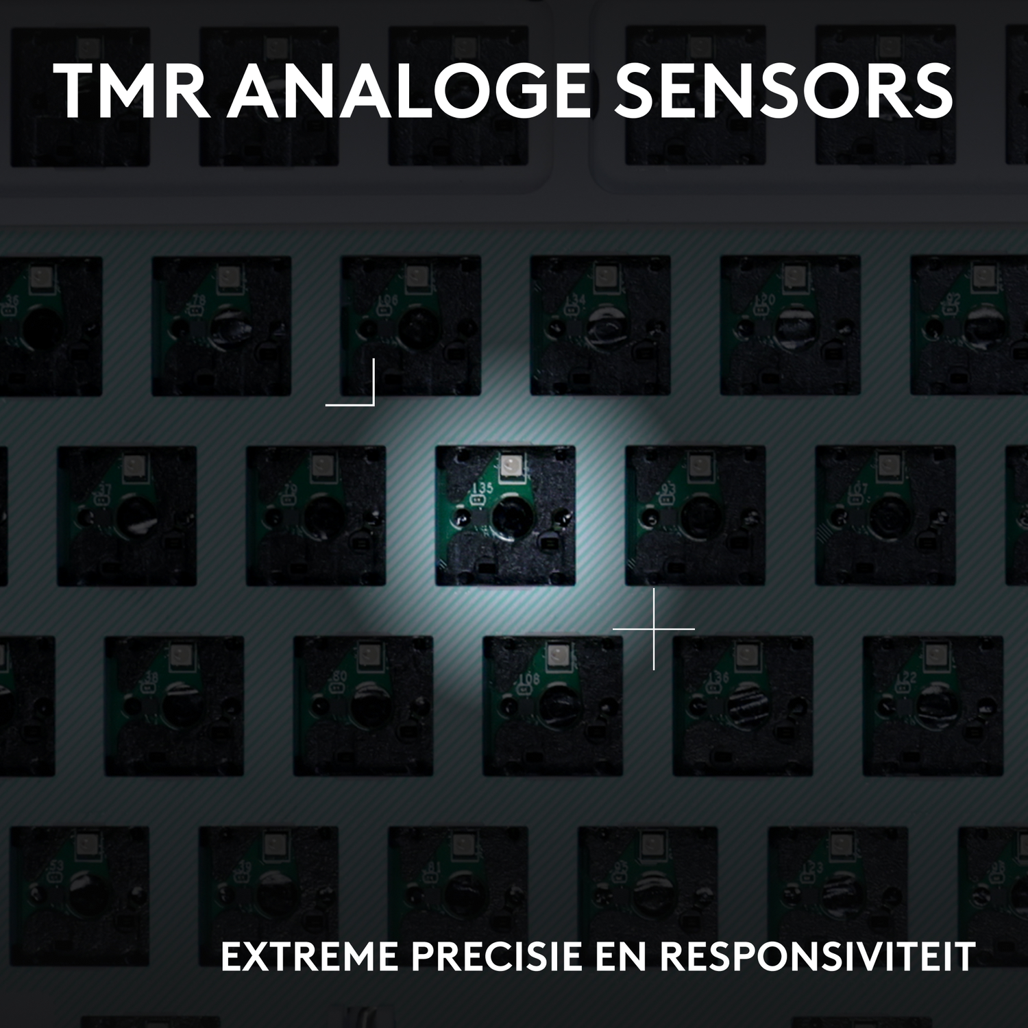 Close-up of analog TMR sensors on a circuit board, with a central sensor highlighted.