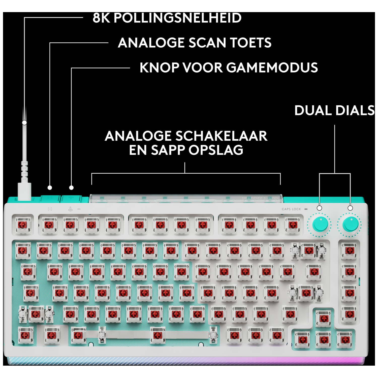 A white keyboard with red switches and teal accents, connected by lines to labels.