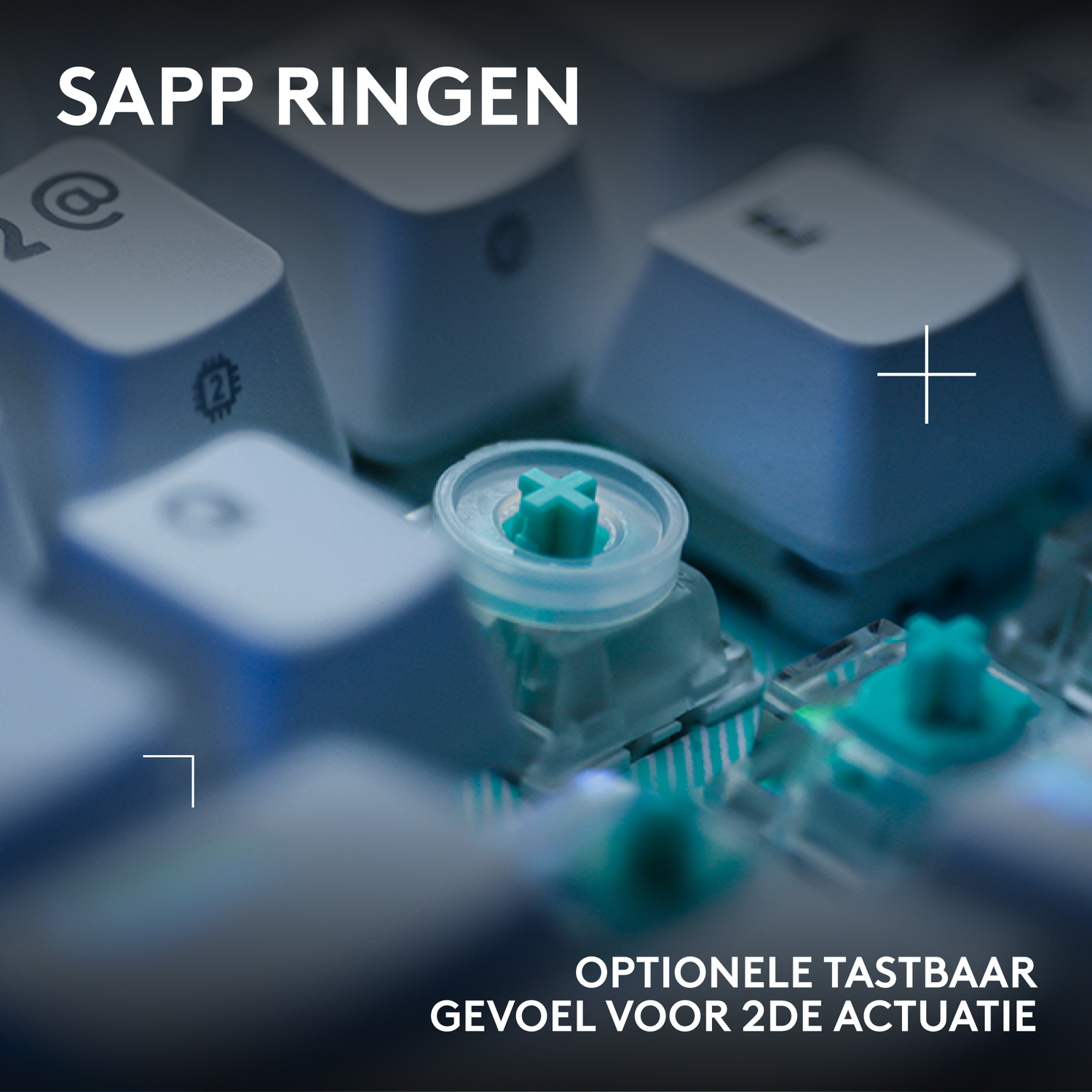 Close-up of teal mechanical keyboard switches and keycaps. Text: OPTIONELE TASTBAAR.