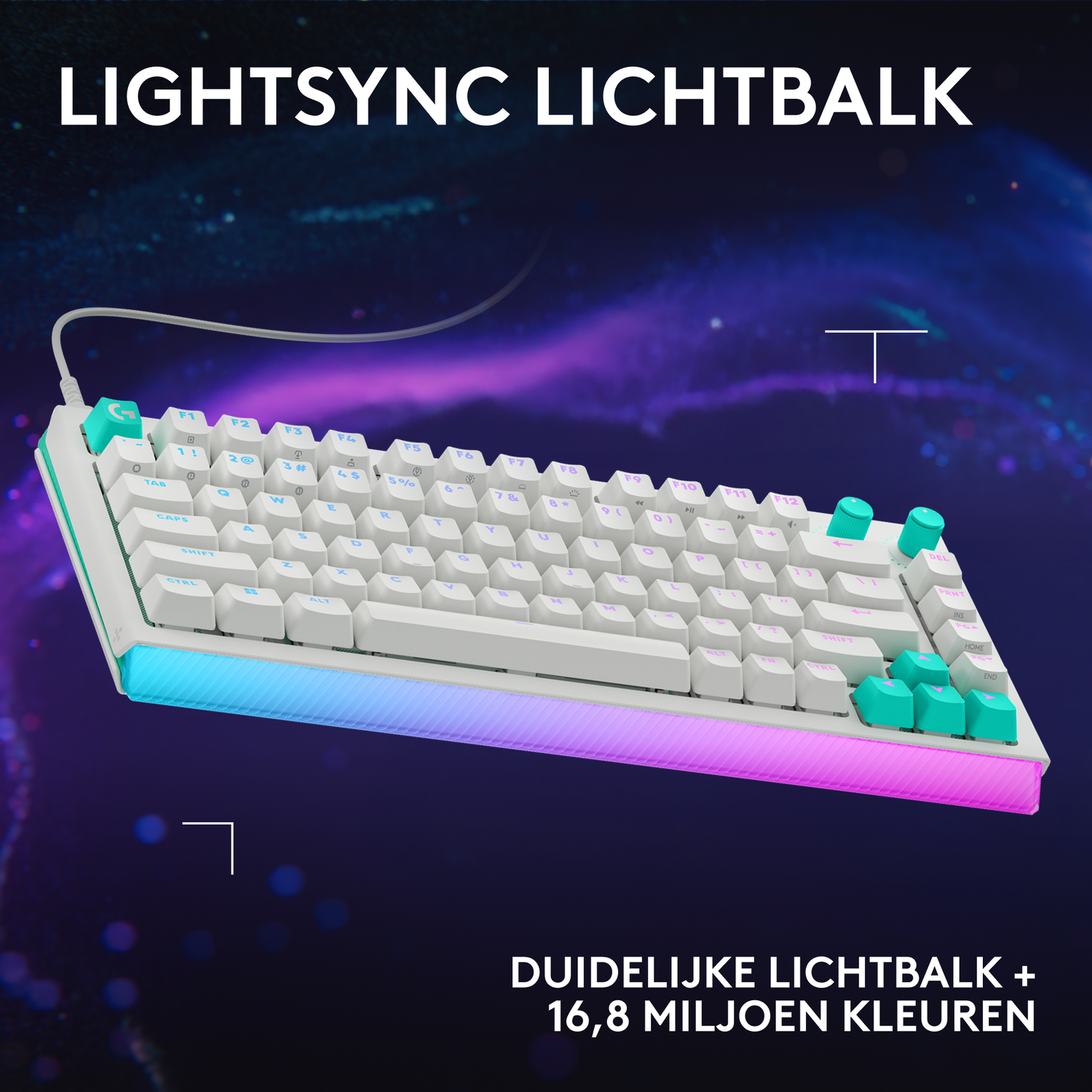 White keyboard with teal keys and RGB lighting along the bottom edge.