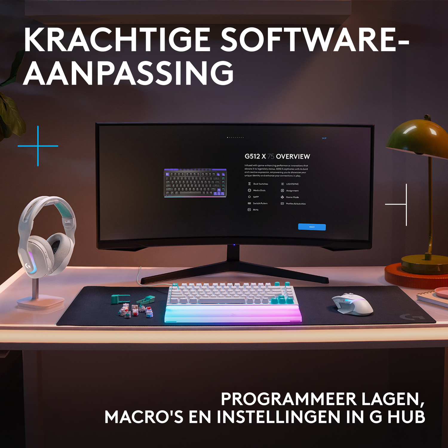 A desk with gaming peripherals: headphones, keyboard, mouse, and monitor.