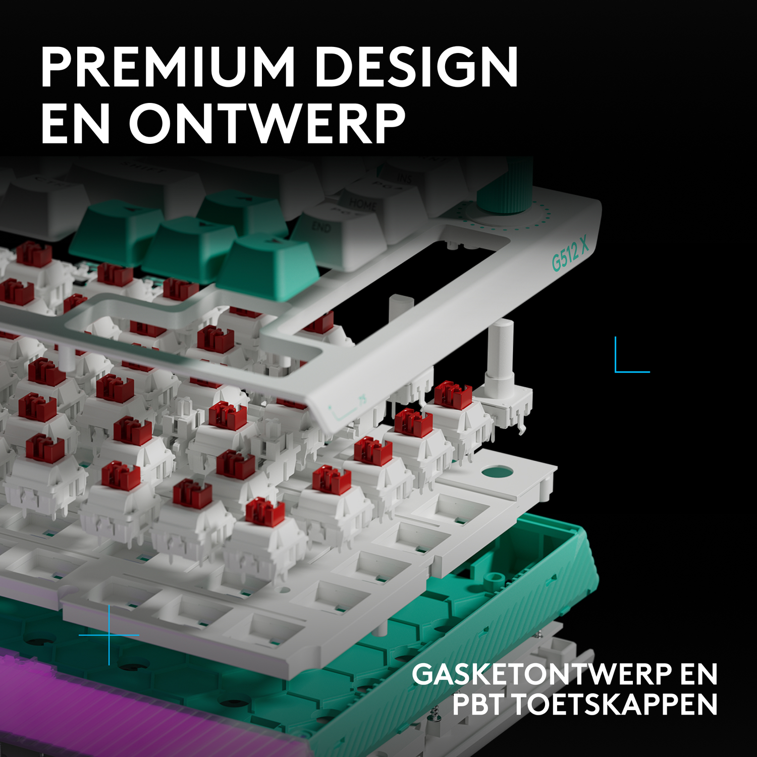 Exploded view of a keyboard with white switches, green and red accents.