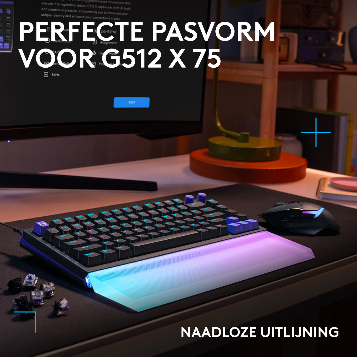 A keyboard and mouse with RGB lighting on a desk.