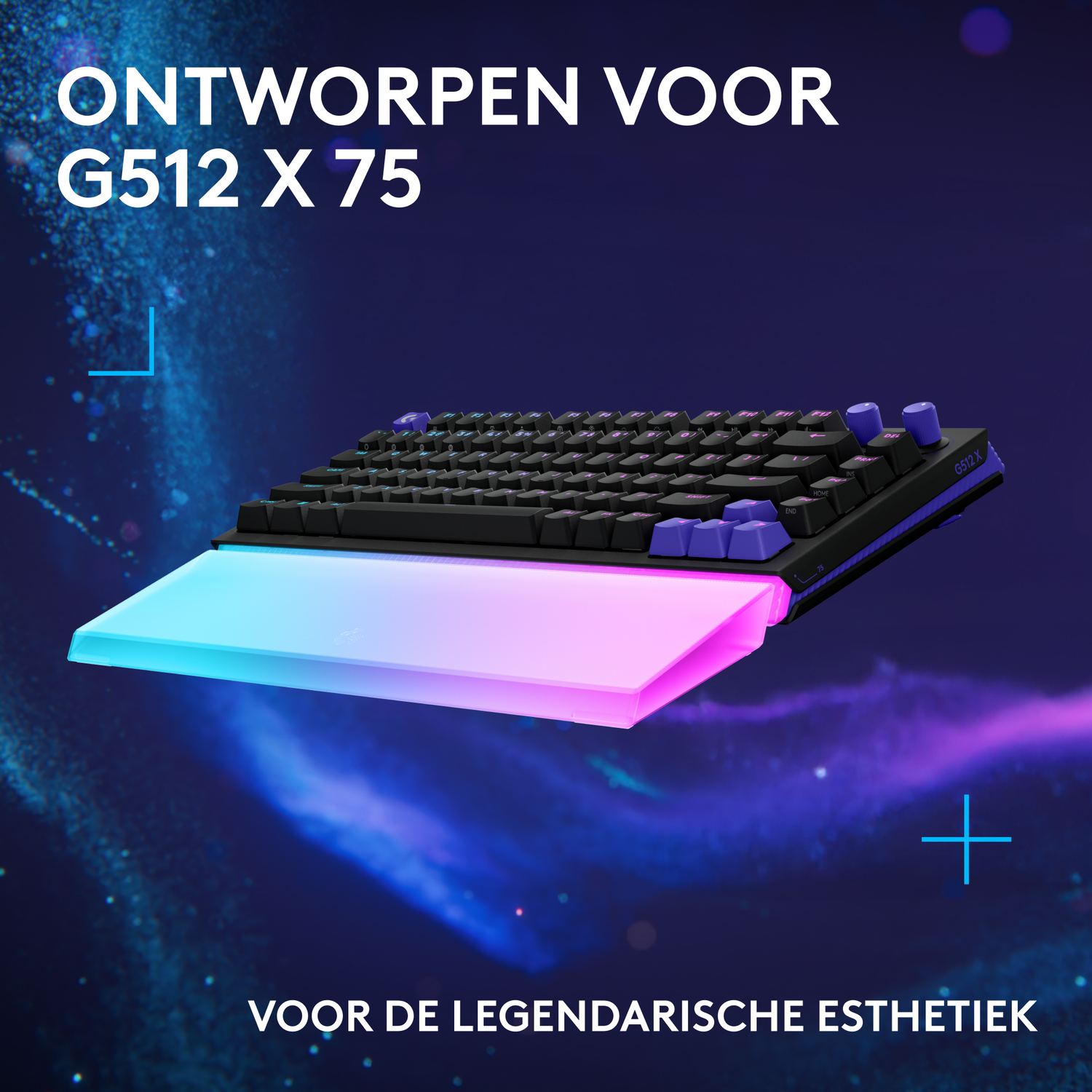 Black keyboard with blue accents and RGB lighting on a space background.
