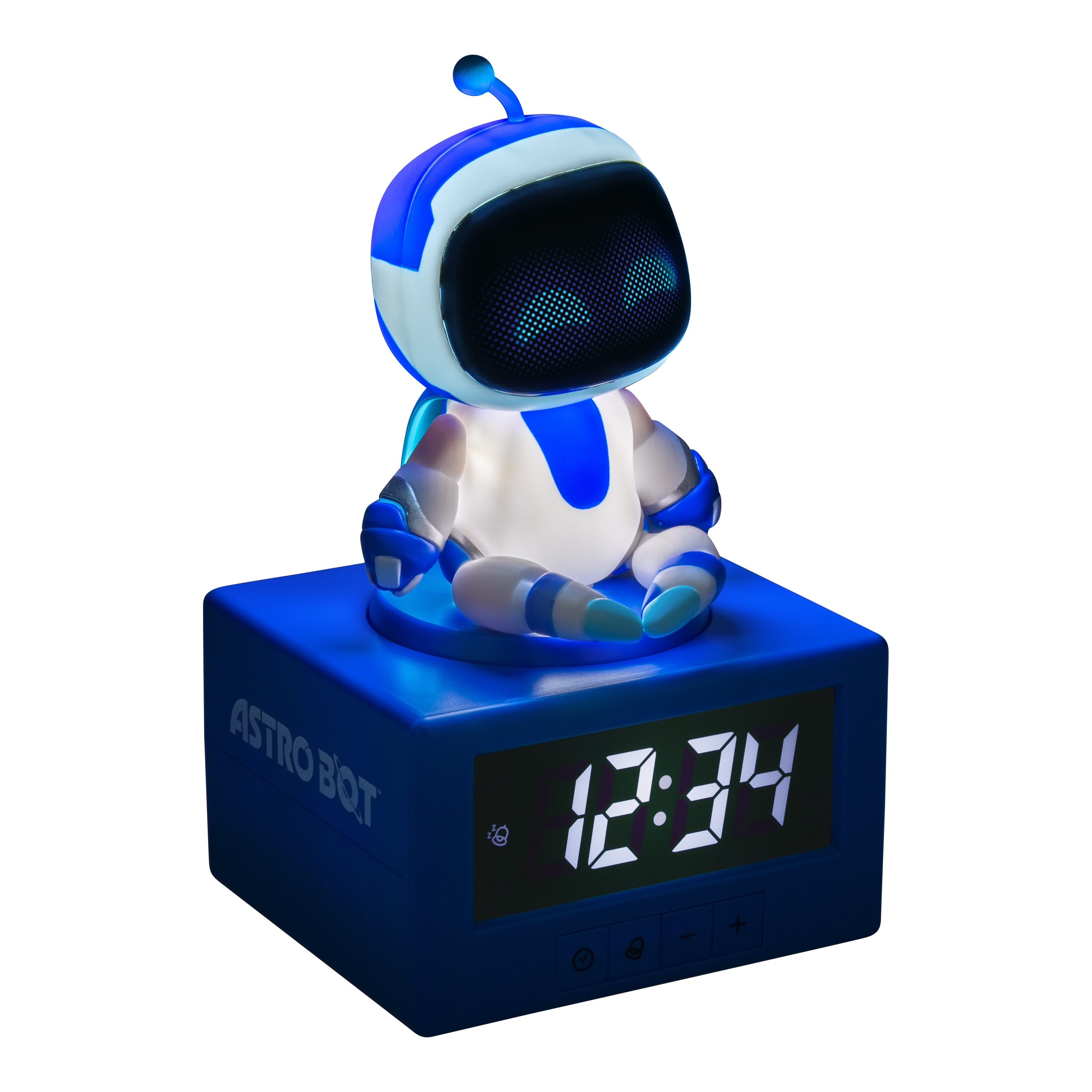 Ein blauer Roboter sitzt auf einem blauen Wecker mit digitaler Anzeige.