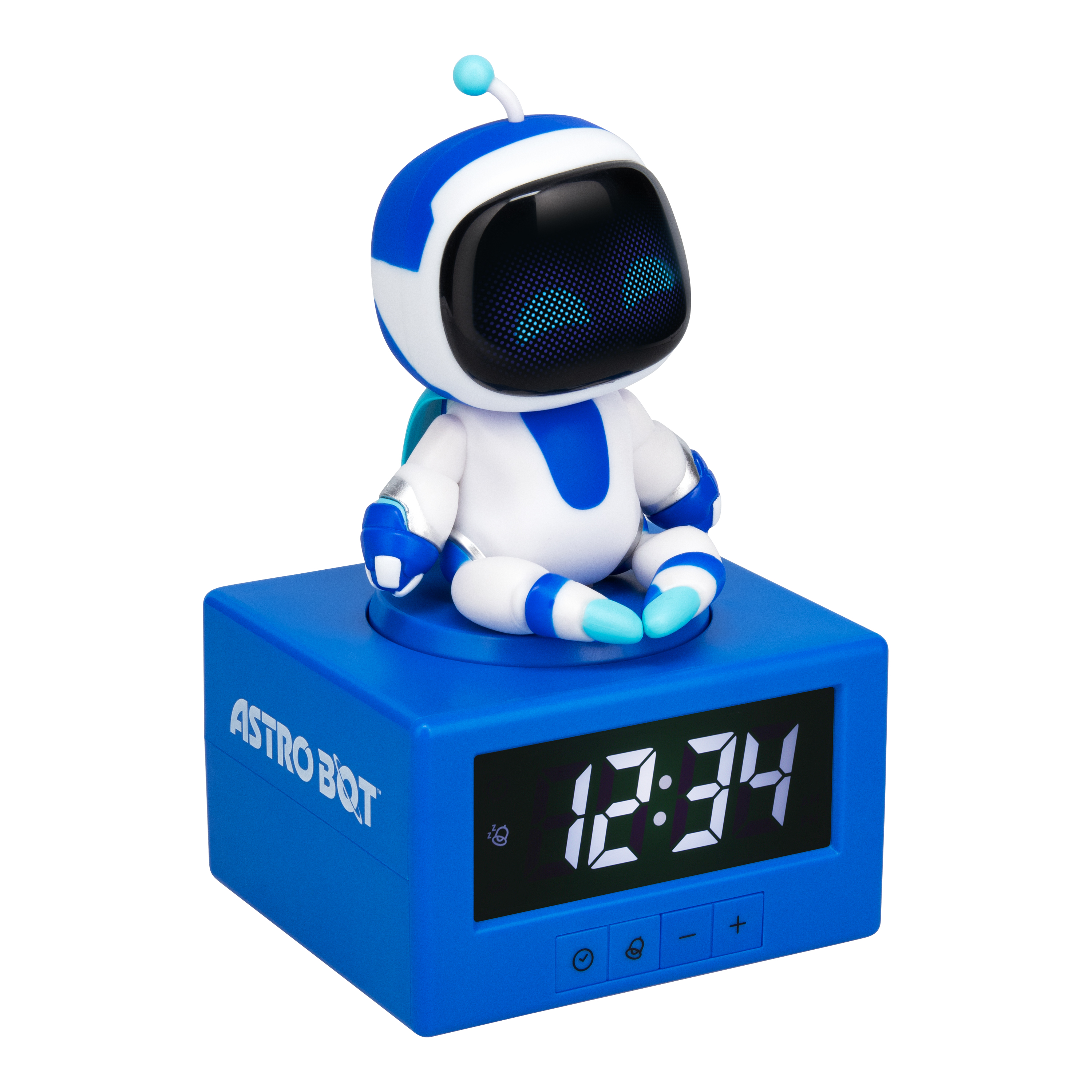 Ein blauer Wecker mit einem sitzenden Roboter darauf. Die Uhrzeit ist 12:34.