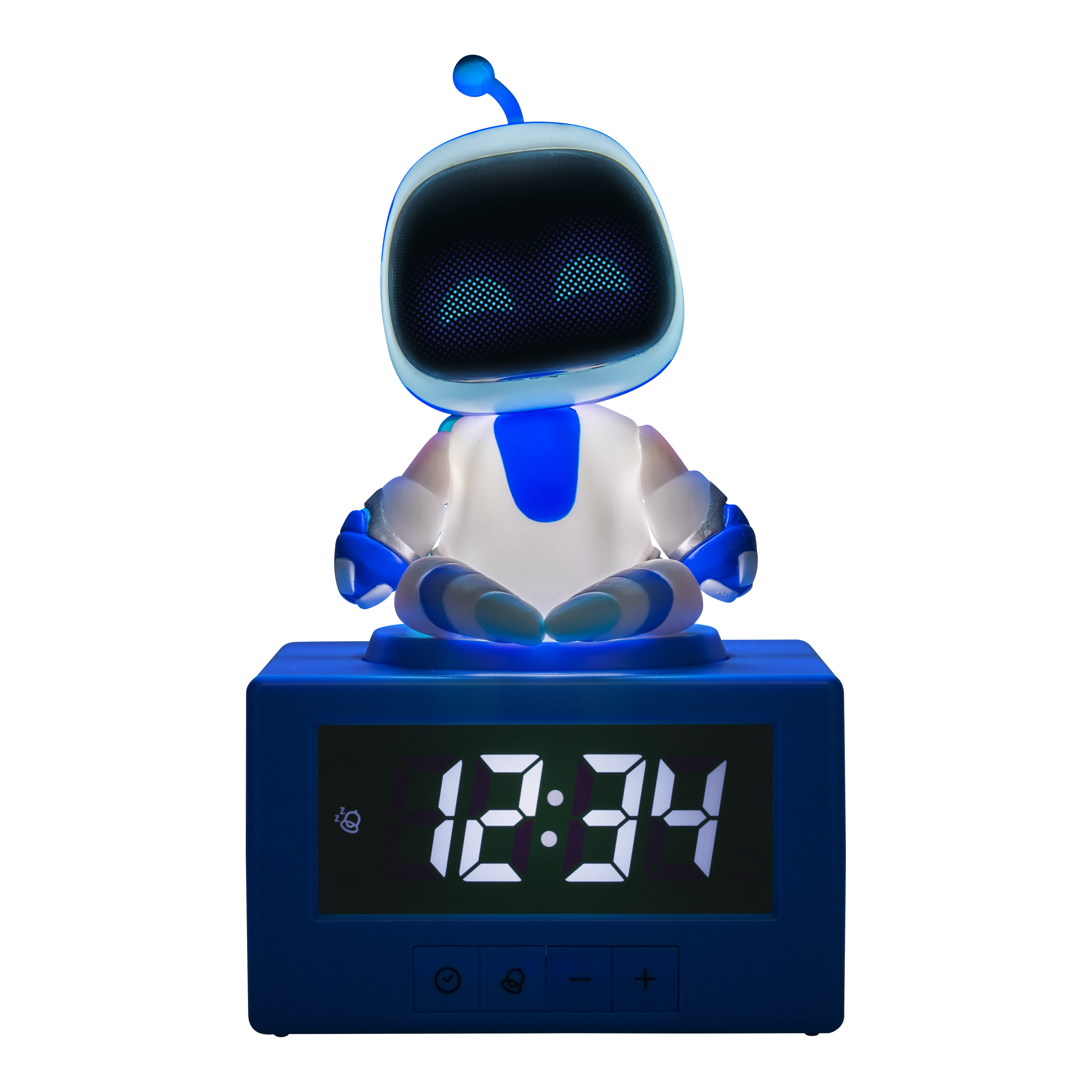 Ein blauer Roboter sitzt auf einem blauen Digitalwecker, der 12:34 anzeigt.