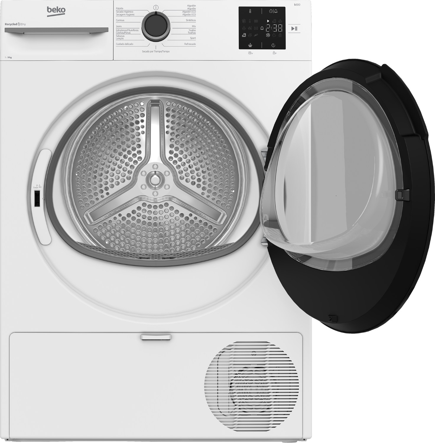 Una secadora Beko blanca con la puerta abierta y pantalla digital.