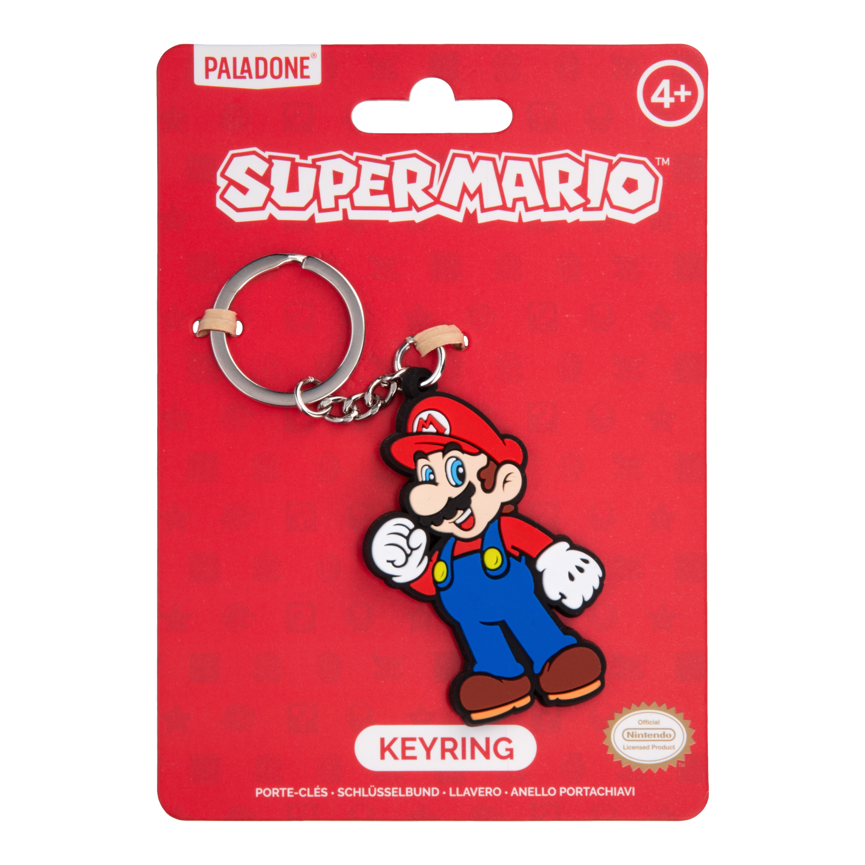 Super Mario Schlüsselanhänger auf rotem Karton mit Nintendo-Logo.