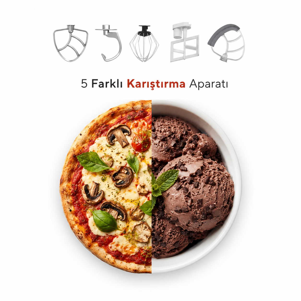 Pizza ve çikolatalı dondurmanın üzerinde mikser aparatları.