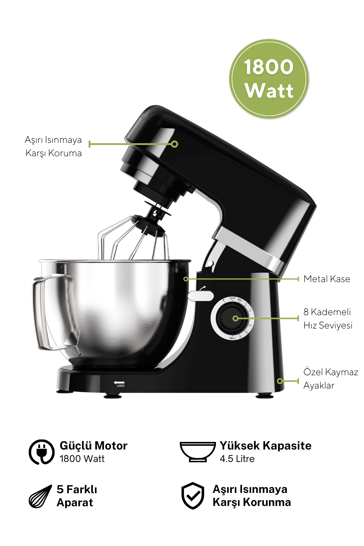 Paslanmaz çelik hazneye sahip siyah stand mikseri, 1800W, 8 hız.