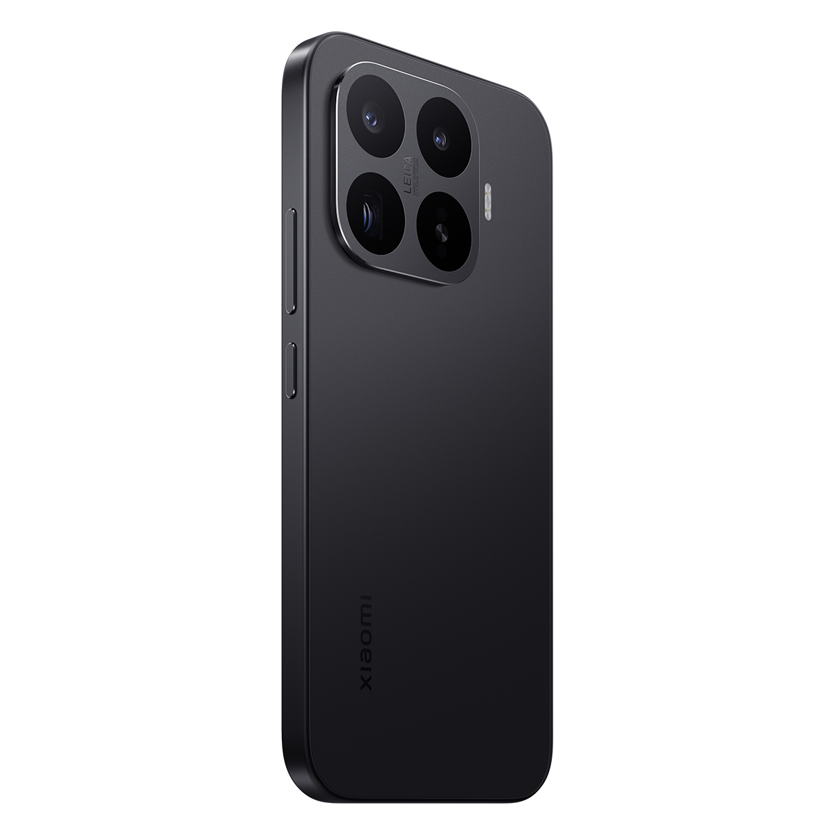 Dört kameralı koyu renkli akıllı telefonun arkası ve Xiaomi logosu.