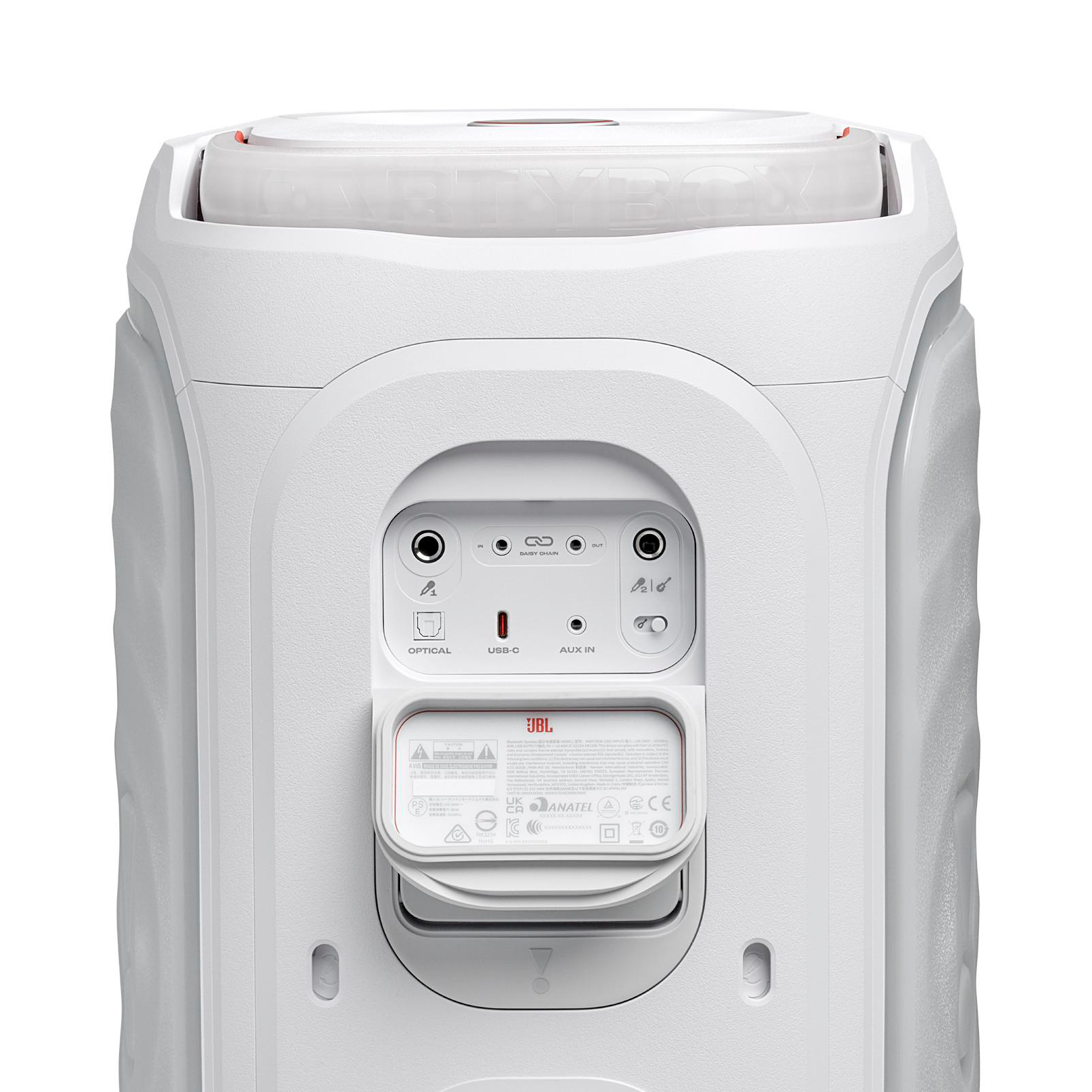 Rückseite eines weißen JBL Partybox-Lautsprechers mit Anschlüssen: Optical, USB-C, Aux In.