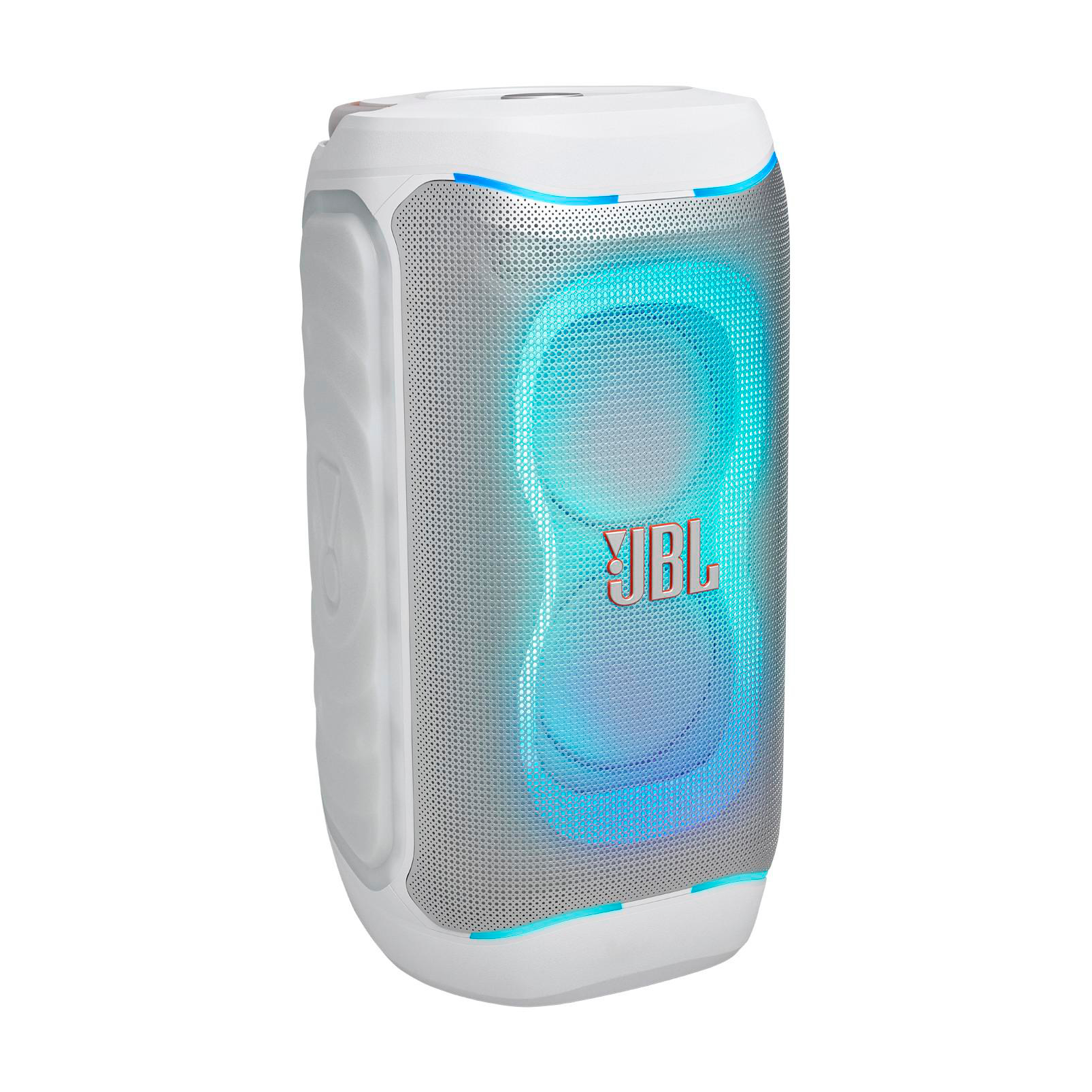 Ein weißer JBL-Lautsprecher mit blauen Lichtern leuchtet.