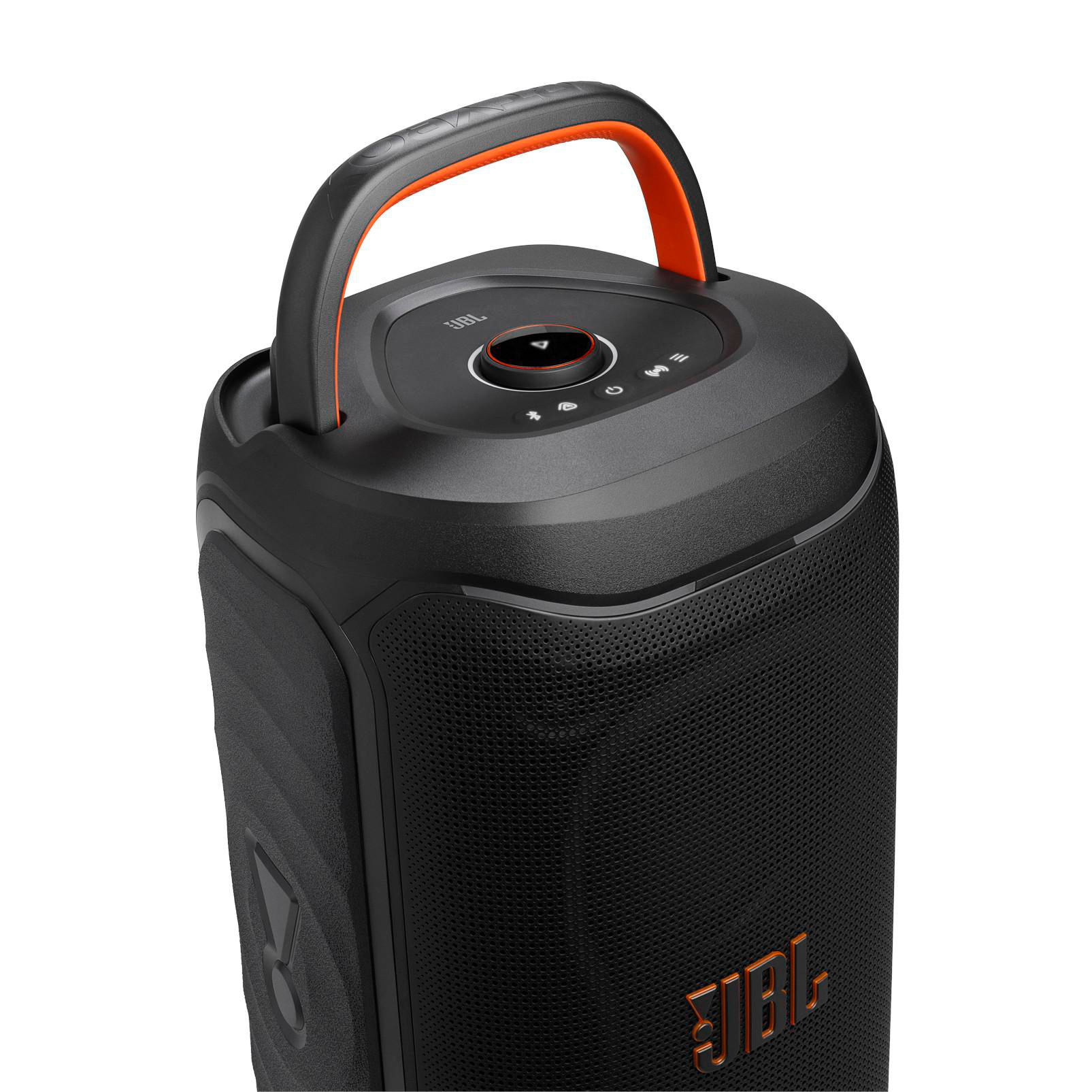 Schwarzer JBL-Lautsprecher mit orangefarbenem Griff und Bedienelementen.