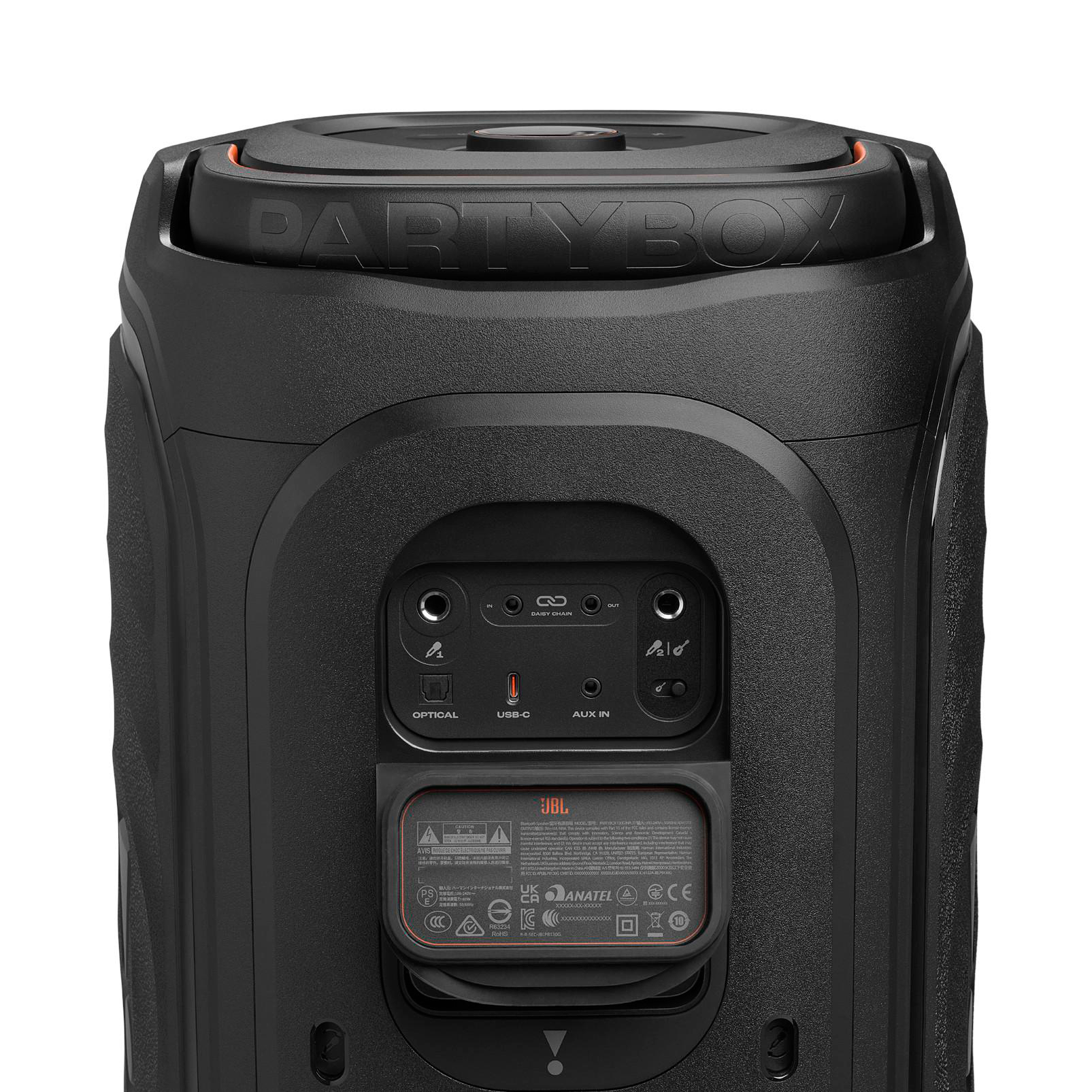 Rückseite eines schwarzen JBL Partybox Lautsprechers mit Anschlüssen.
