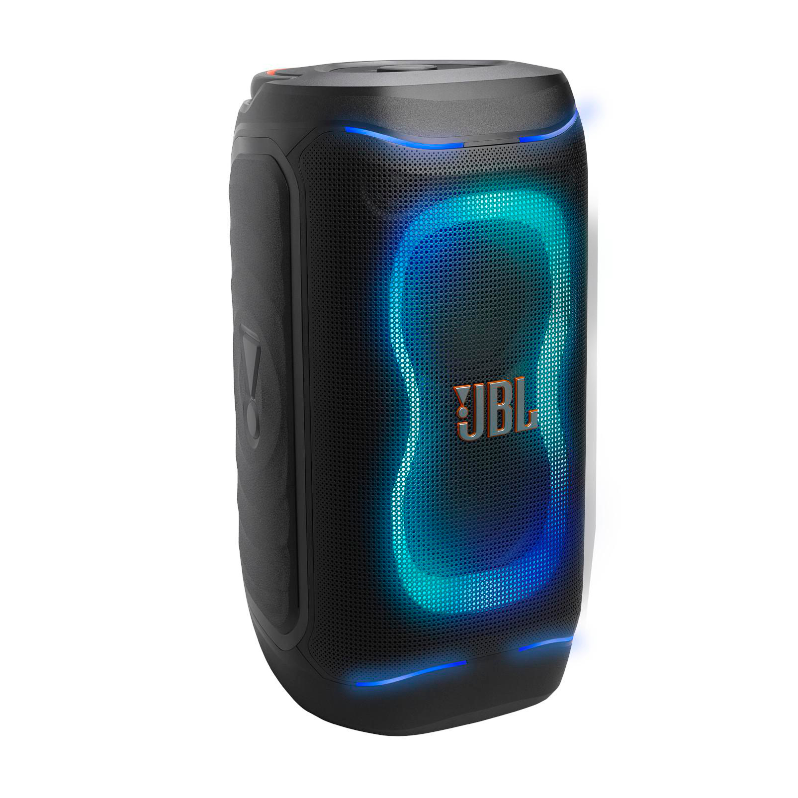 Schwarzer JBL-Lautsprecher mit blauer Lichtshow und JBL-Logo.