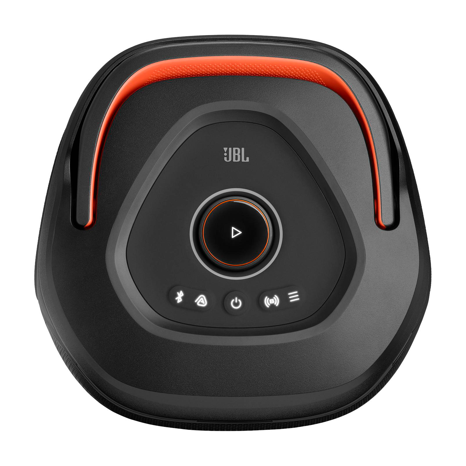 Schwarzer JBL Lautsprecher mit orangefarbenen Akzenten und Bedienelementen.