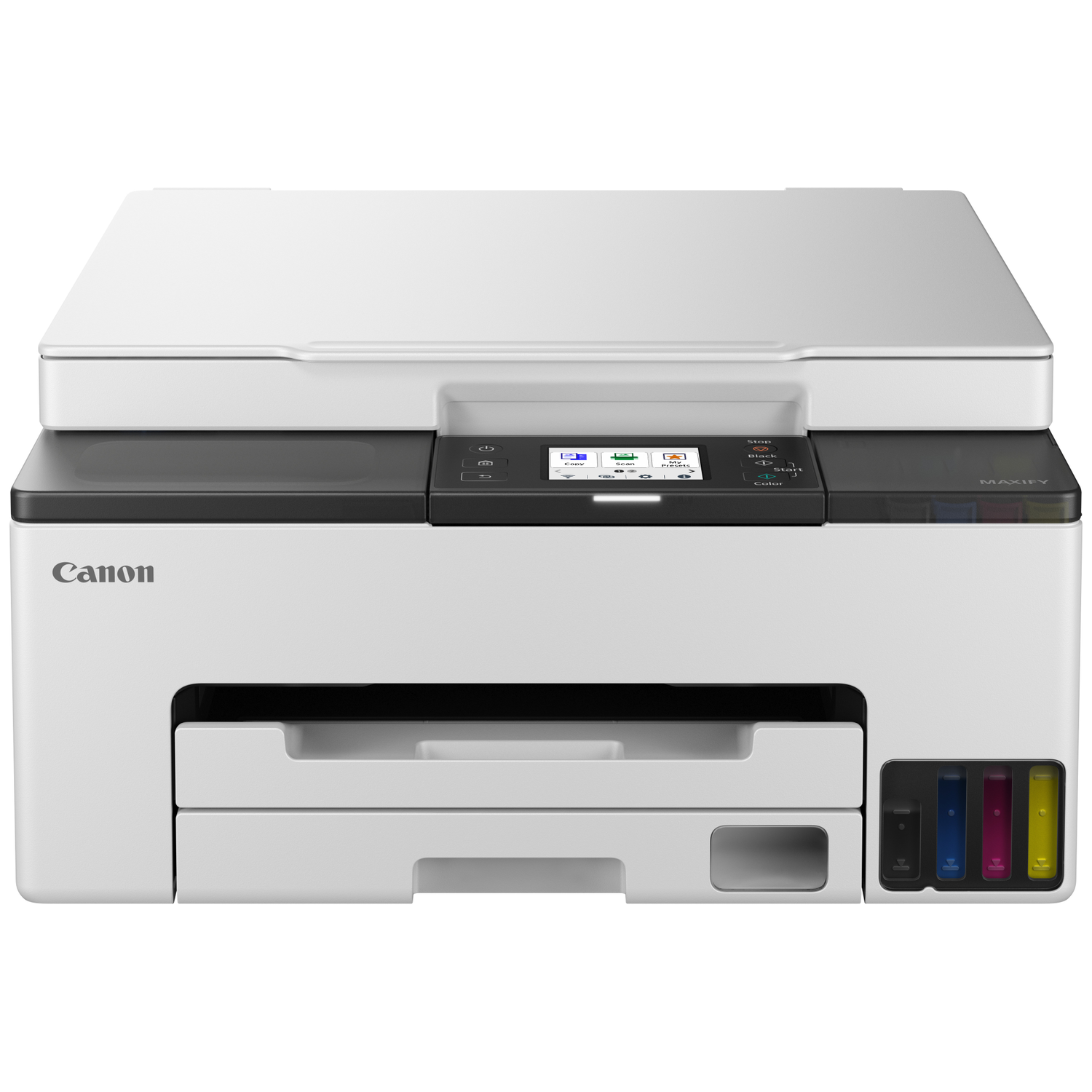 A white Canon MAXIFY printer with a scanner and ink tanks.