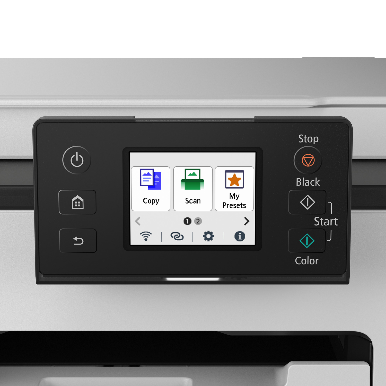 A printer display showing options like Copy, Scan, and My Presets.