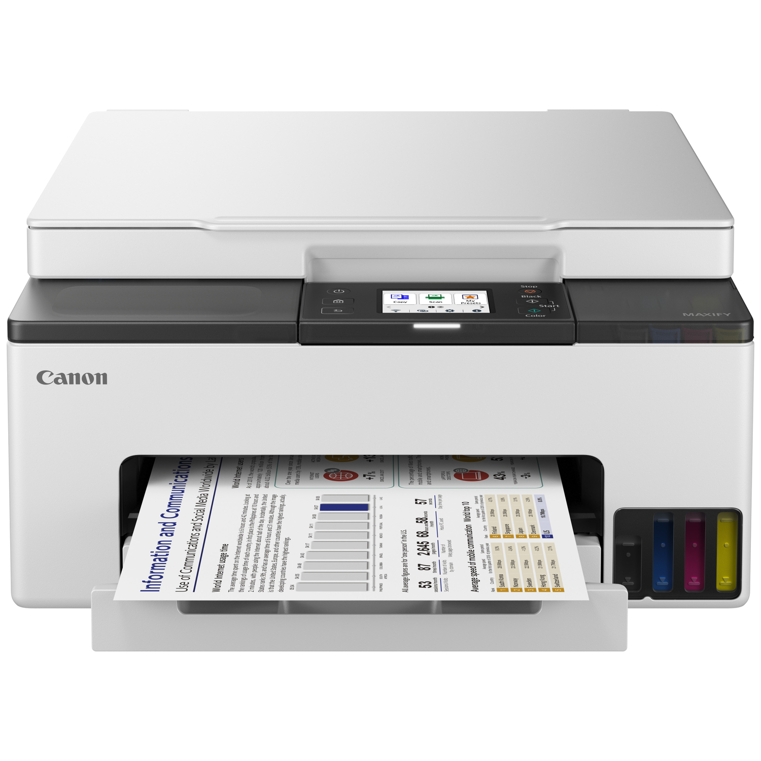 A Canon MAXIFY printer prints a document with charts and statistics.