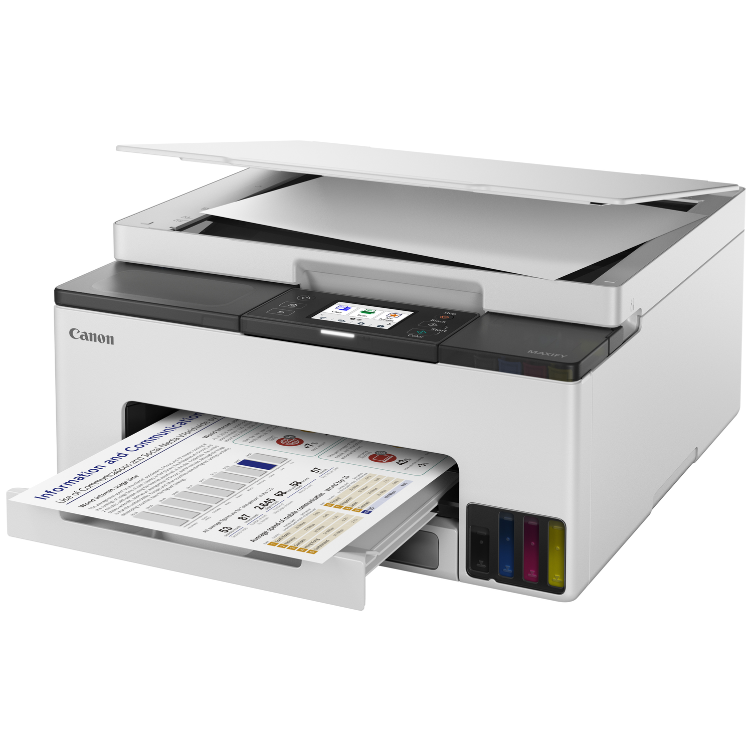 A white Canon MAXIFY printer scans a document. Ink tanks are visible.