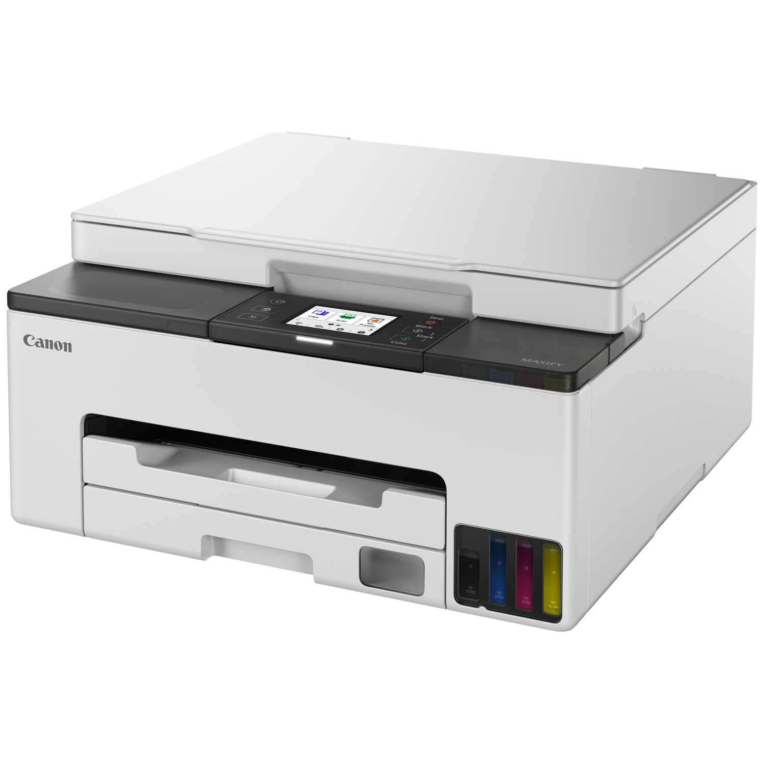 A white Canon MAXIFY printer with a scanner and integrated ink tanks.