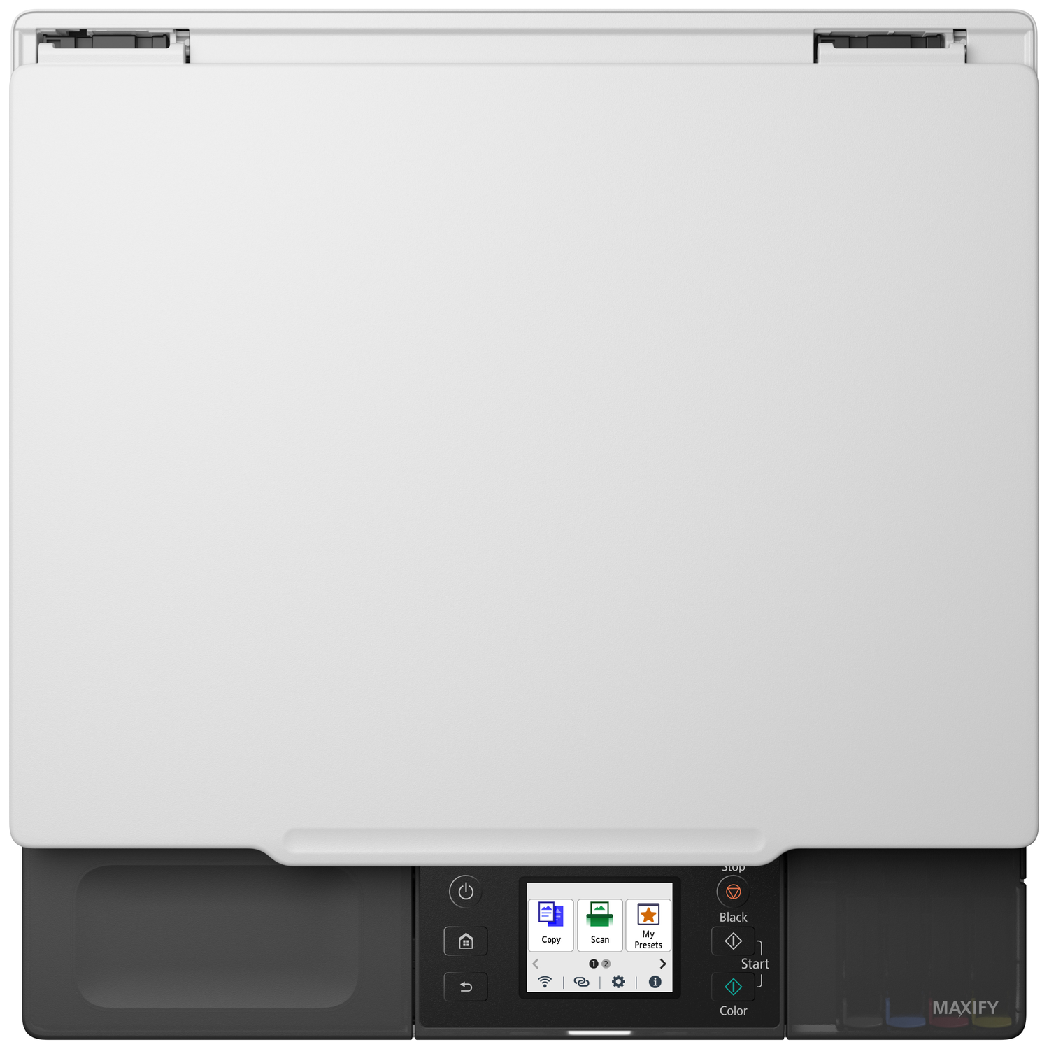A white printer with a dark control panel and touchscreen interface.