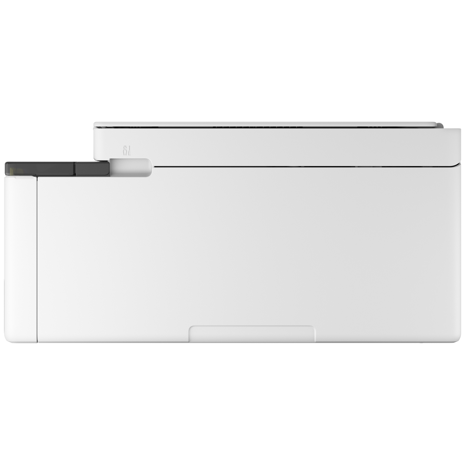 White printer with black control panel and paper output tray.