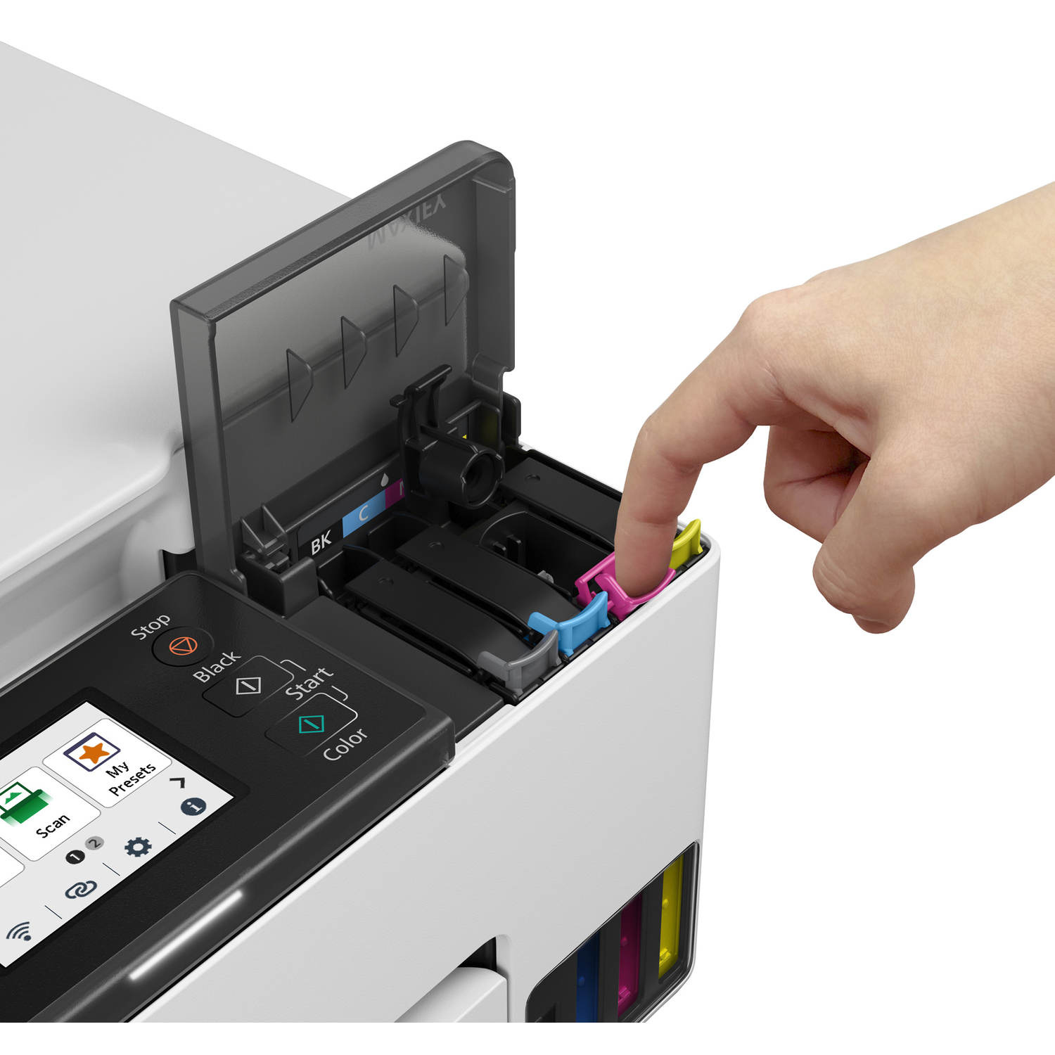 A finger presses a yellow ink cartridge in a printer. Blue and pink cartridges are next to it.
