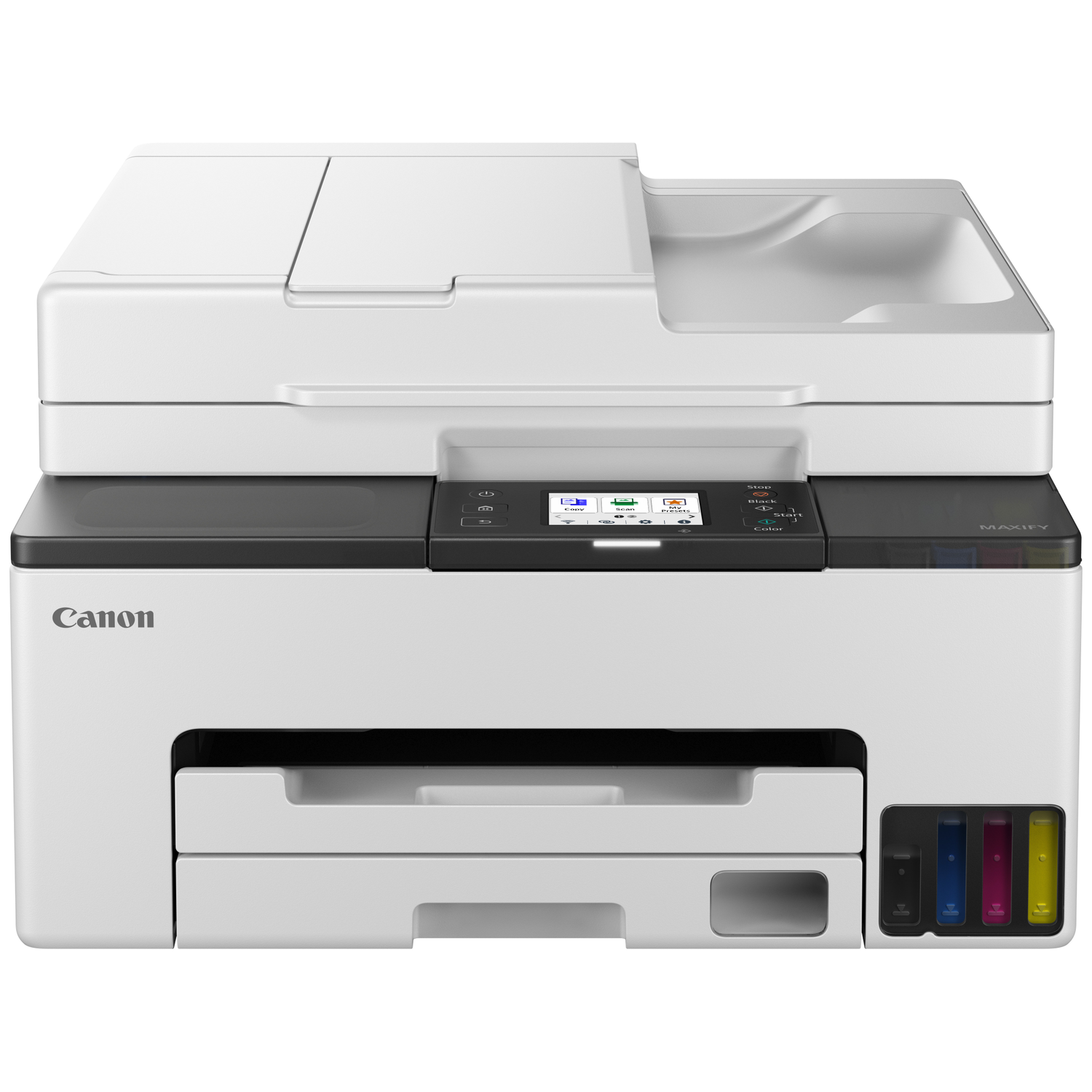 A white Canon MAXIFY printer with a scanner and visible ink tanks.