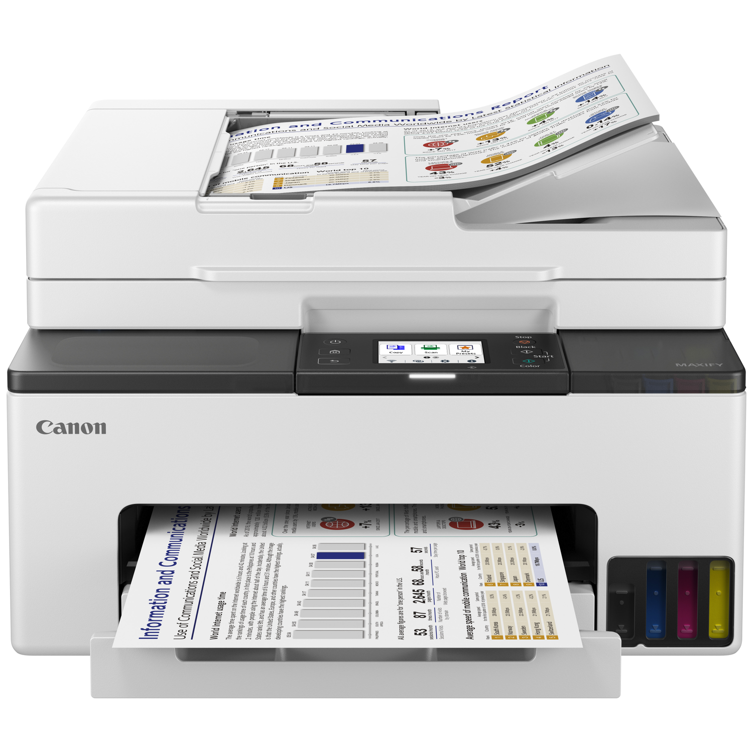 A white Canon Maxify printer with a report on the scanner and a printed report.