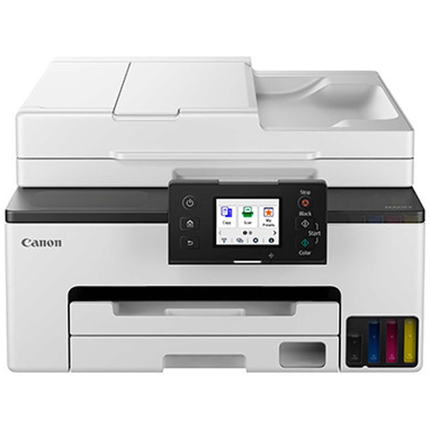 White Canon multifunction printer with touchscreen and ink tanks on the right.