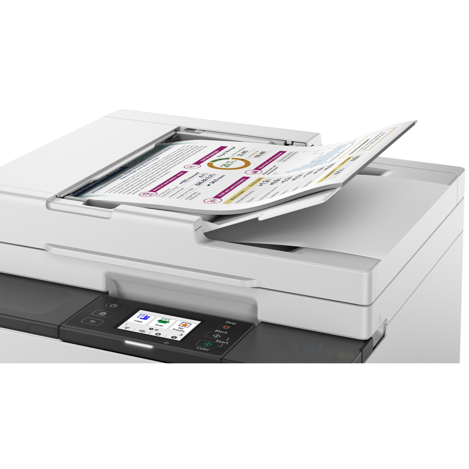 A white printer with a document emerging from the paper feeder tray.